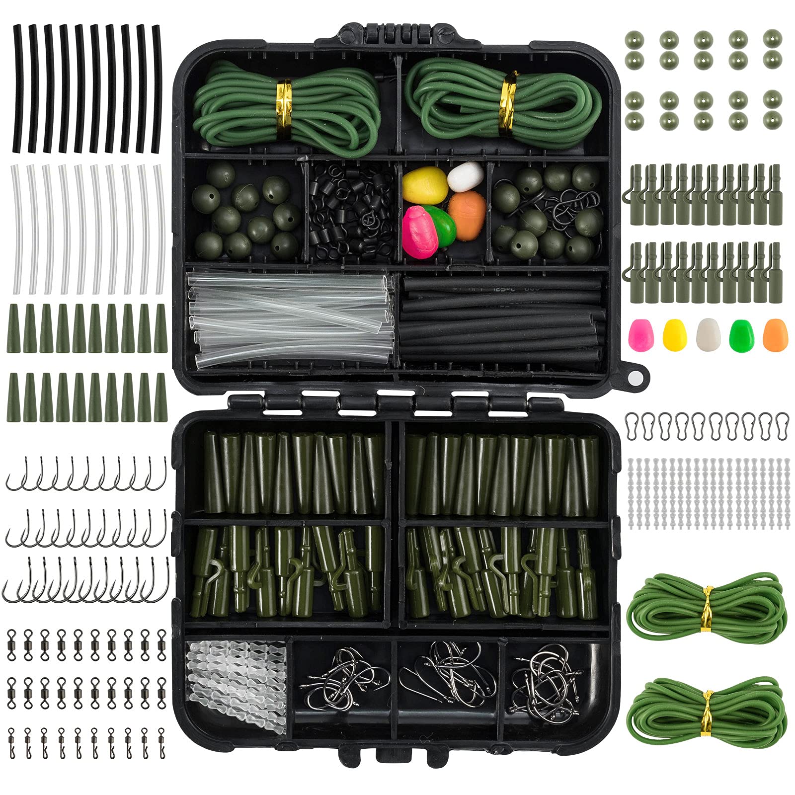 Dr.Fish 278pcs Carp Fishing Tackle Set in Box, Carp Fishing Accessories Include Hooks, Safety Clips and Swivels, Beads, Boilie Stops, Corn, Tube Green