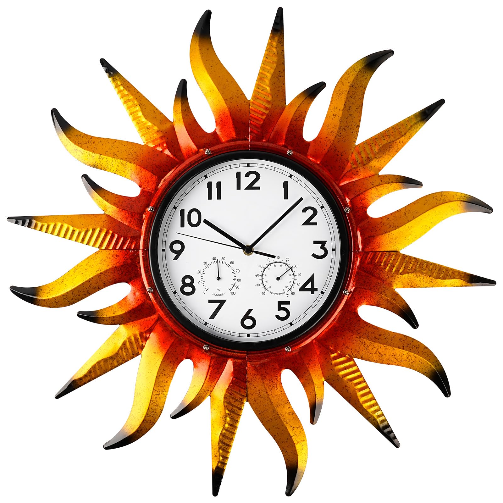 Photo 1 of Jusimux 25-Inch Sun-Shaped Outdoor Clock and Thermometer Set, 10-Inch Dial, Battery Powered, Waterproof, Silent Quartz Movement (Yellow)