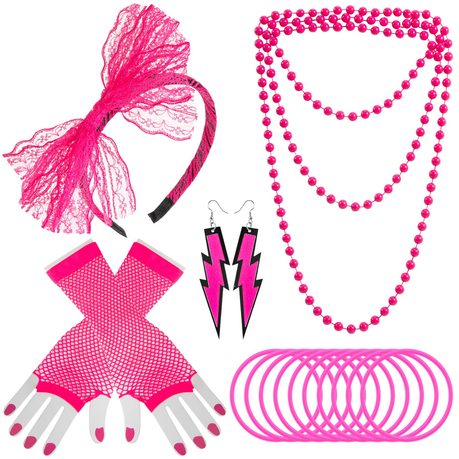 Photo 1 of Tudniky 80s Outfit for Women, Fancy Dress Costume Accessories Lace Headband Earrings Fishnet Gloves Necklace Bracelet for Women 80s Themed Party