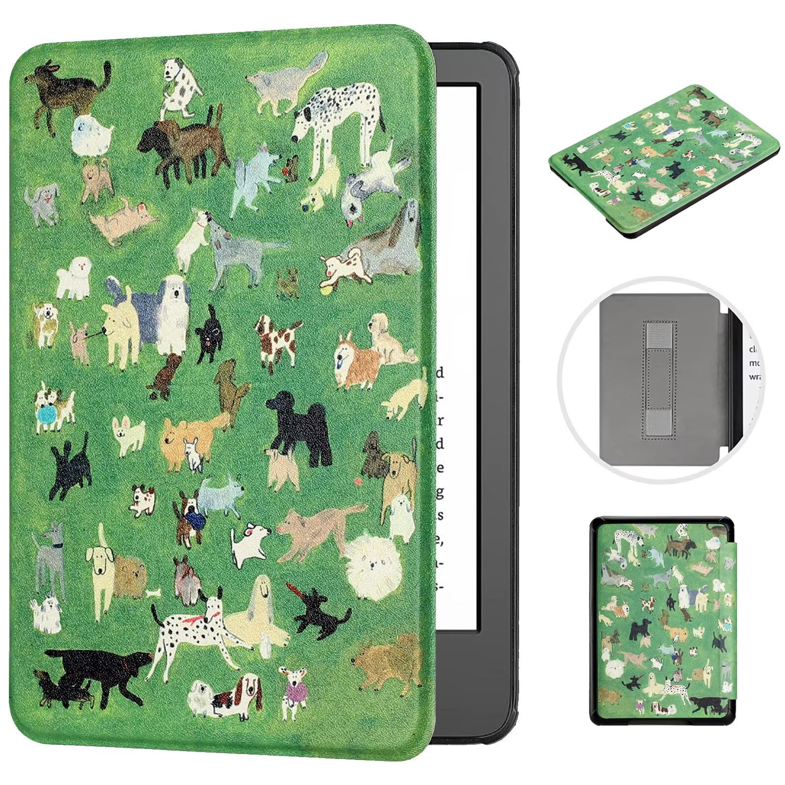 MOKASE for 6.8" Kindle Paperwhite 11th Generation Case 2021 (Model: M2L3EK / M2L4EK), PU Leather Cover with Auto Wake/Sleep Hand Strap for Signature Edition & Kindle Paperwhite 2021, Meadow Dogs