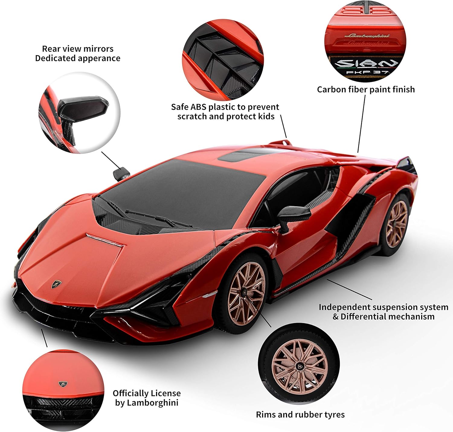 BEZGAR X RASTAR Licensed RC Series, 1:24 Scale Diecast Remote Control Car Lamborghini Sián FKP 37 Electric Sport Racing Hobby Toy Car Model Vehicle for Boys and Girls Teens and Adults Gift (Red): Toys & Games