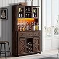 LUXOAK 72" Coffee Bar Wine Cabinet with Sliding Barn Door & LED Lights, Sideboard Buffet Cabinet with Wine Bottle Rack, 3 Drawers, Storage Cabinets for Kitchen, Dining Room, Brown
