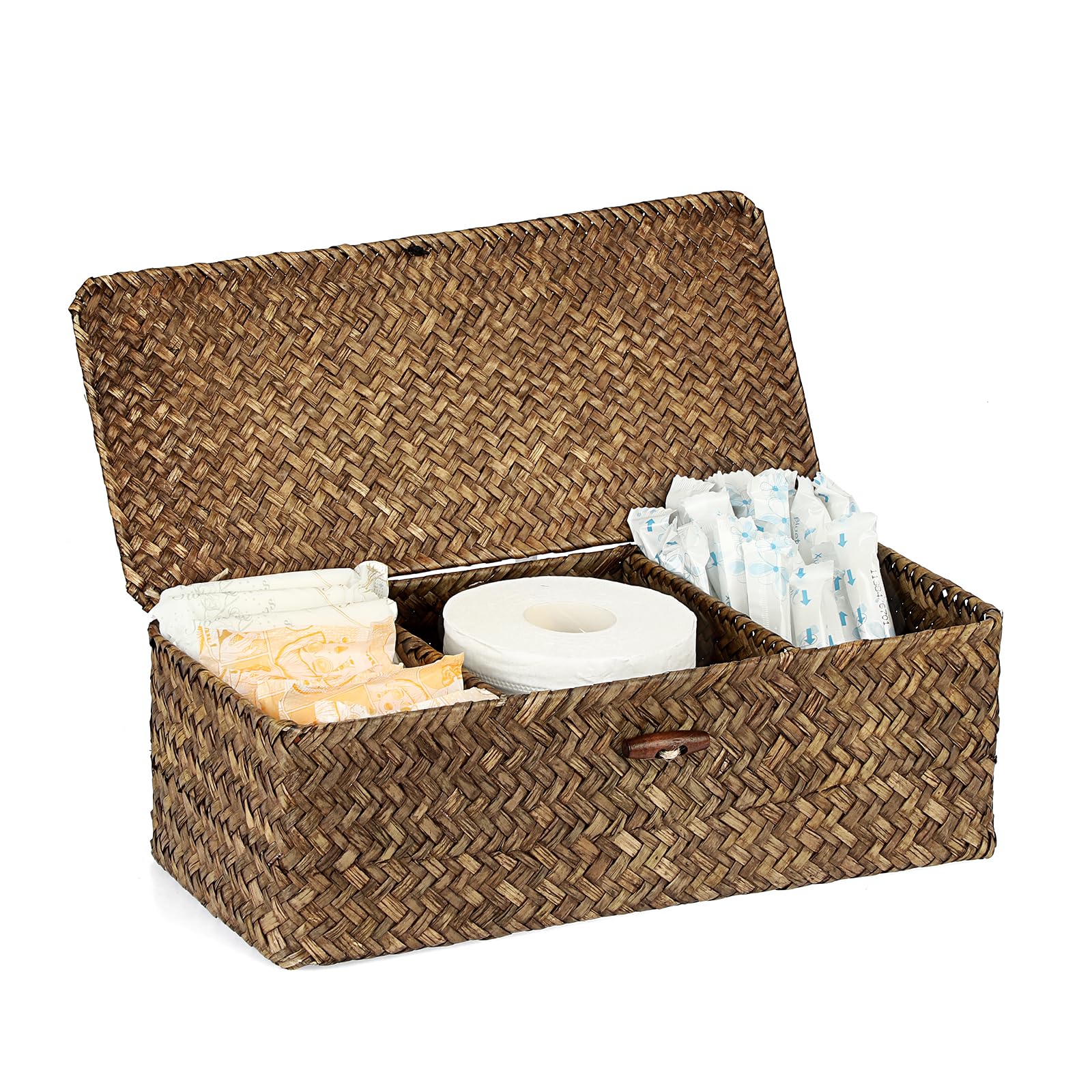 Photo 1 of Sumnacon Seagrass Storage Basket with Lid Wicker Storage Baskets with Sections,Small Woven Shelf Basket for Toiletries Tampon, Seagrass Basket for Shelf Bathroom Toilet Table Counter,Coffee