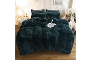 XeGe Plush Shaggy Duvet Cover Set, Luxury Ultra Soft Crystal Velvet Fluffy Bedding Sets 3 Pieces(1 Furry Faux Fur Comforter Cover + 2 Fuzzy Faux Fur Pillow Cases), Zipper Closur (King, Dark Green)