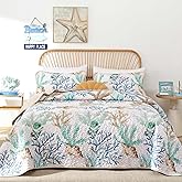 Xruibed Coastal Quilt Set Queen Size Green Nautical Beach Quilt Coverlet Reversible Lightweight Bedspread with 2 Pillowshams Soft Microfiber Quilt Set for All Season 90"x96"