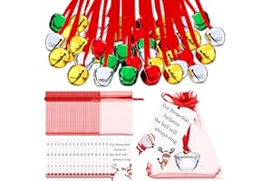 Equsion 100 Pcs Christmas Believe Bell Ornaments 1.5 Inch Santa Sleigh Gift Bell Decoration for Christmas Tree with Red Ribbon Card and Organza Bags Kid Adult (Colorful)