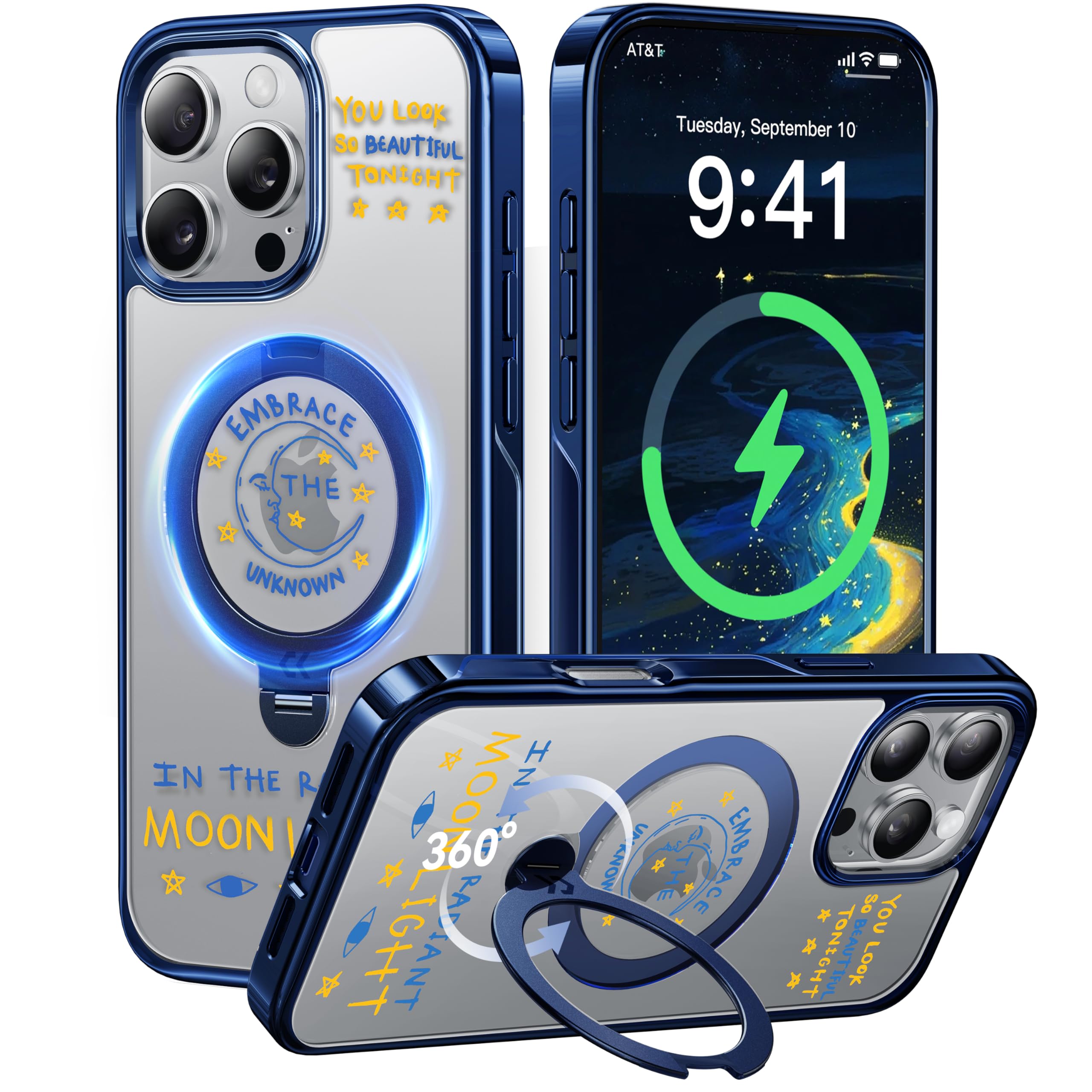 CASEKOO Midnight Moonlight 360° Spin Built-in Magnetic Stand for iPhone 16 Pro Case, Fit for MagSafe, 16FT Drop Protection, Chic Design for iPhone 16 Pro Case with Stand, Midnight Moonlight