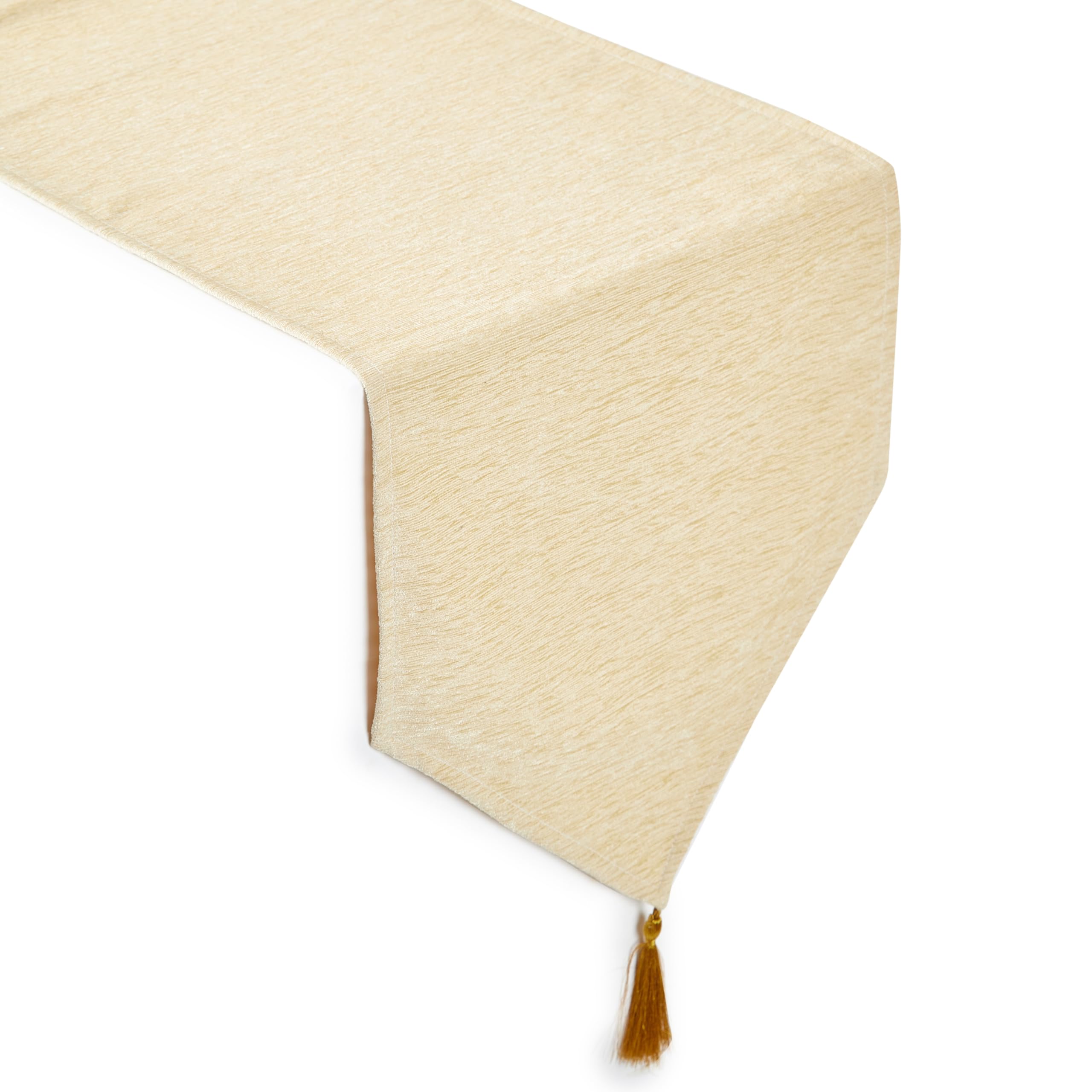 Encasa XO Fine Chenille Table Runner For Dining with V-End and Tassels, 32x150 cm - Cream | Decorative Cloth for Party, Wedding, Home, Cafes, Restaurants & Hotels