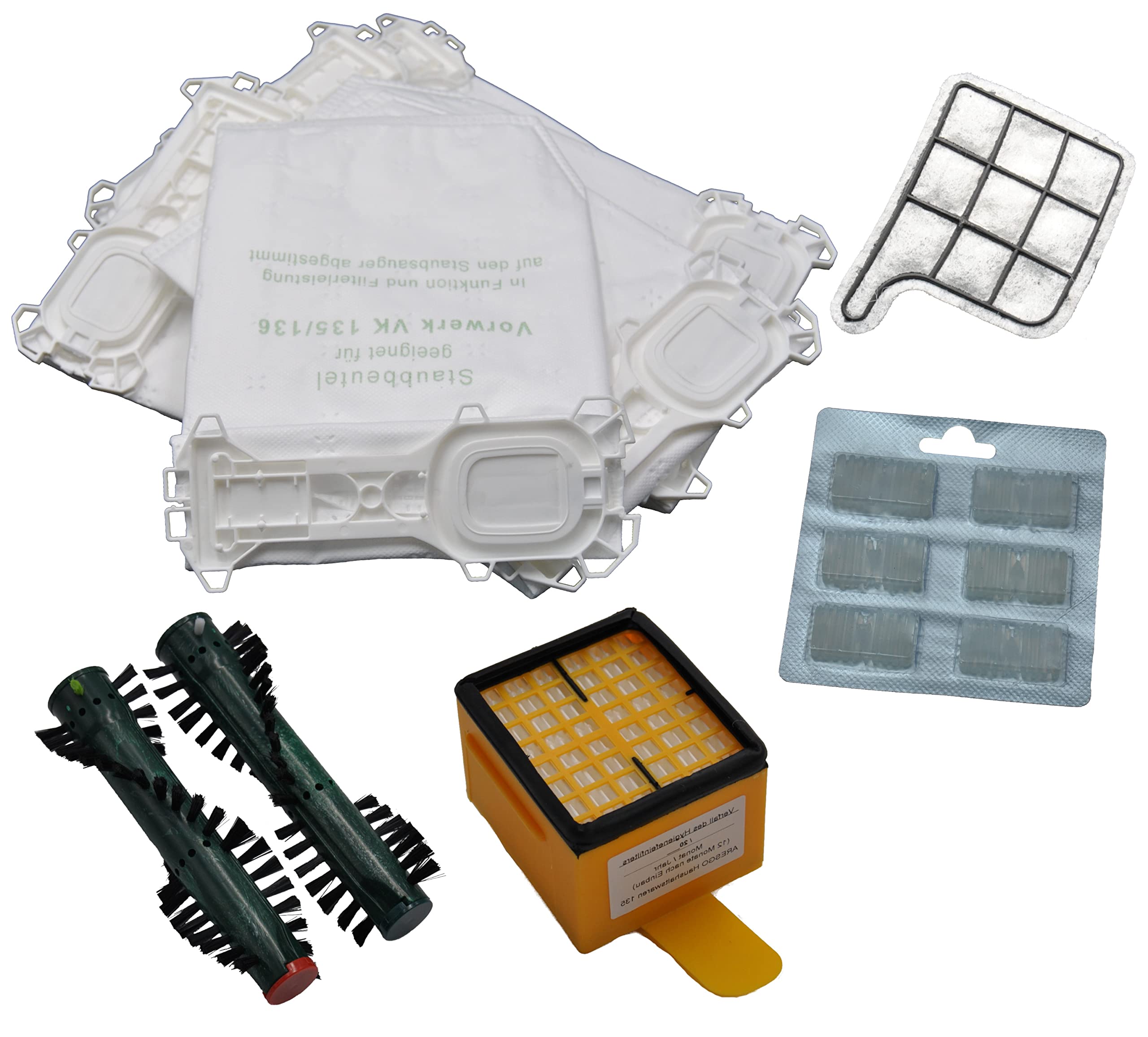12 Fleece Vacuum Cleaner Bags and Hygiene Filter + Motor Protection Filter + 2x Fragrance Brush EB 360 suitable for Vorwerk Kobold 135/136/135SC VK135/VK136