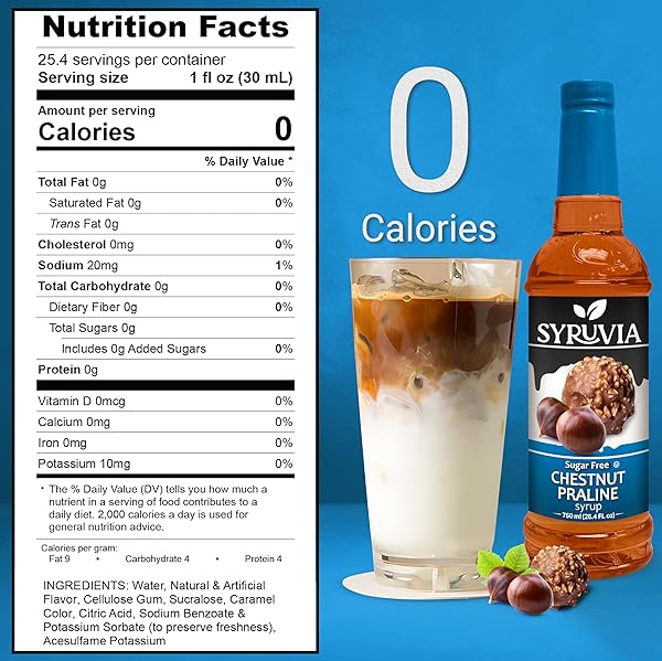 SYRUVIA SUGAR-FREE CHESTNUT PRALINE COFFEE SYRUP – 25.4 FL OZ. PREMIUM COFFEE FLAVORING SYRUP. 0 CALORIES, KOSHER, AND GLUTEN-FREE. PERFECT FOR ENHANCING DRINKS, SODAS, SHAKES, DESSERTS, AND MORE.