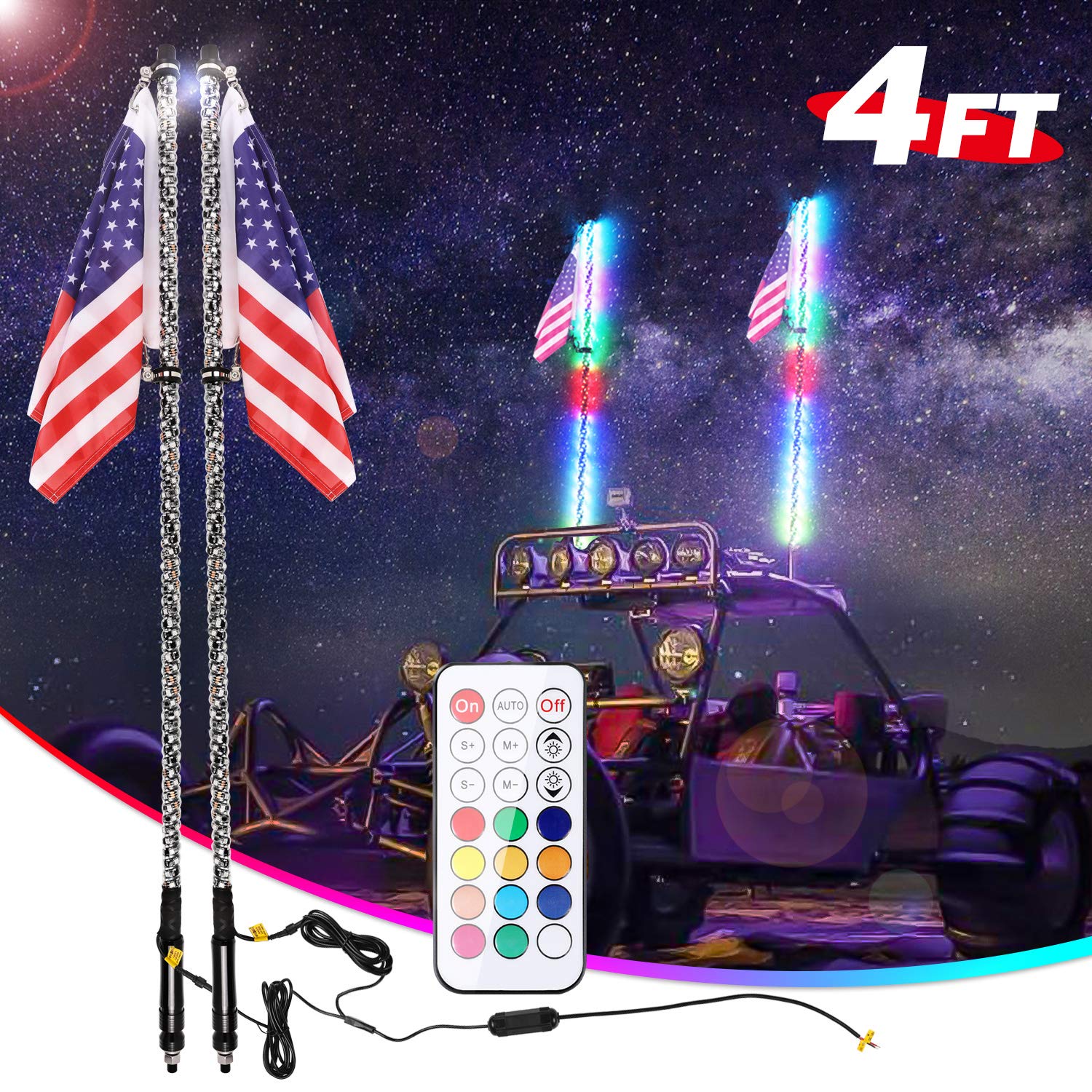 Buy LED Whip Lights, AKD Part 2 Pack 4FT UTV Lighted Whips RF Remote