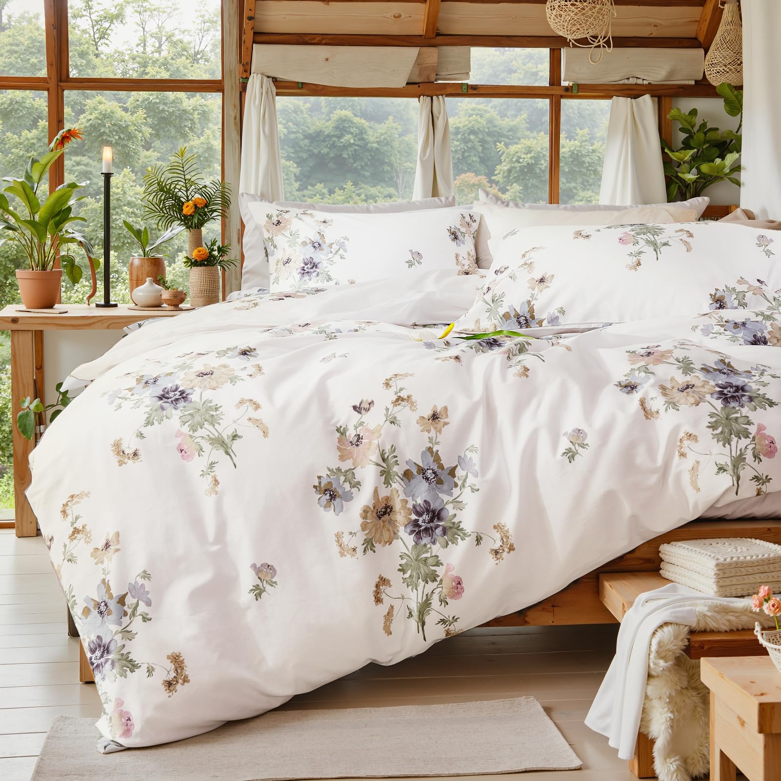 Photo 1 of Cozaline Floral Comforter King Size 100% Cotton Comforter with Blush Blue Floral 3 Pieces Vintage Botanical Bedding Sets Soft and Lightweight Comforter Set for All Seasons