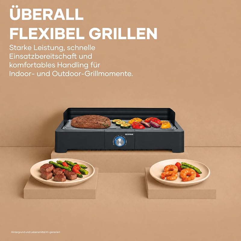 Tischgrill mit Edelstahl-Grillrost für drinnen und draußen, Elektrogrill mit schnellem Grill-Start, Balkon Grill ohne Verbrennungsgefahr, Schwarz, PG 8565