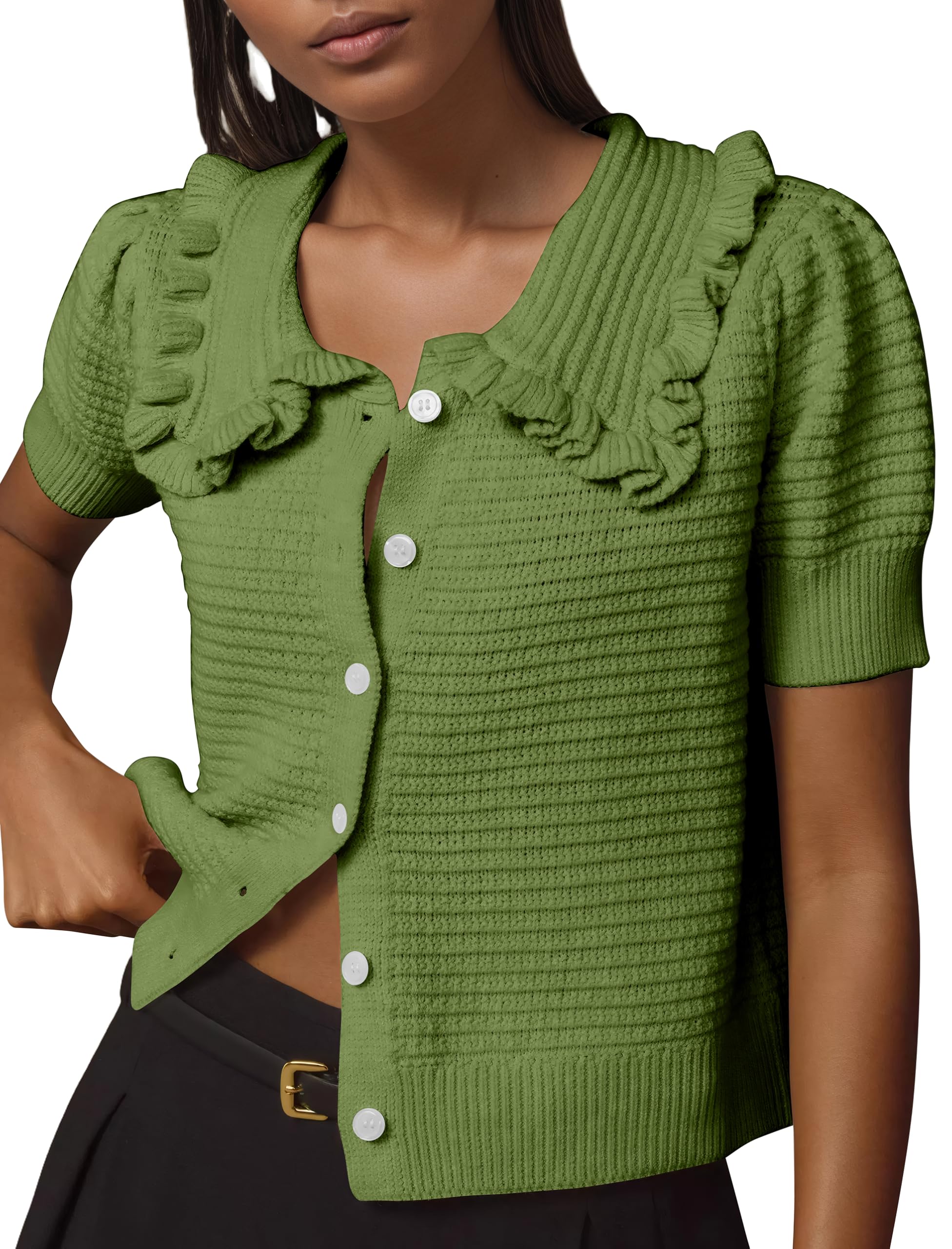 Summer Sweaters Ruffled Ythomm Womens Summer Sweaters Ruffle Collared Lantern Short Sleeve ...