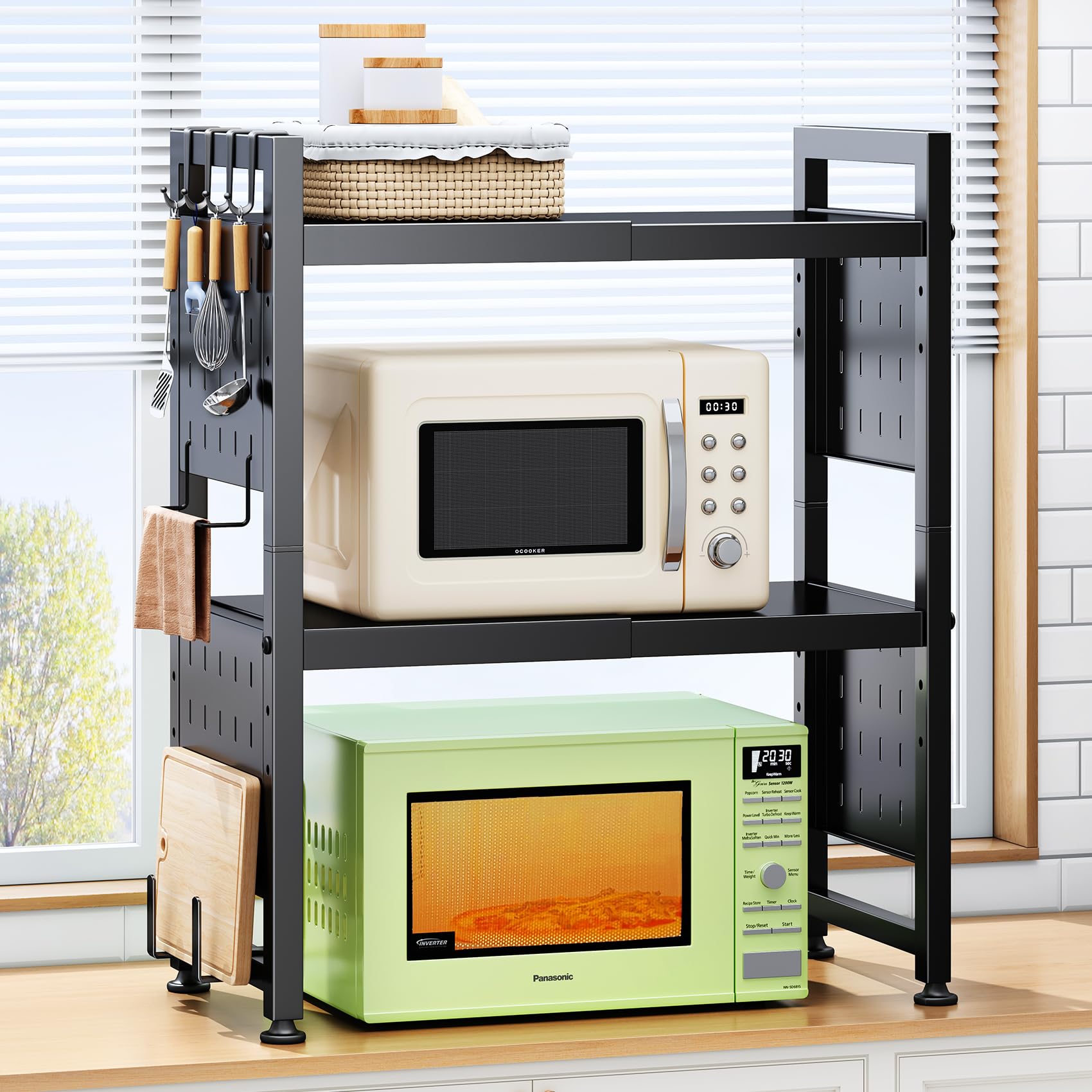 Photo 1 of Expandable Microwave Stand, Heavy Duty 3-Tier Adjustable Microwave Oven Rack Shelf with 8 Hooks & 2 Holders, Space-saving Kitchen Counter Shelf for kitchen organizers and storage, 200lbs Capacity