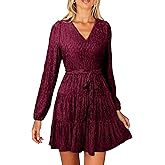 Simplee Womens Velvet Long Sleeve V Neck Fall Dress Tiered Flowy Mini Cocktail Dress Winter Casual Short Dresses 2025