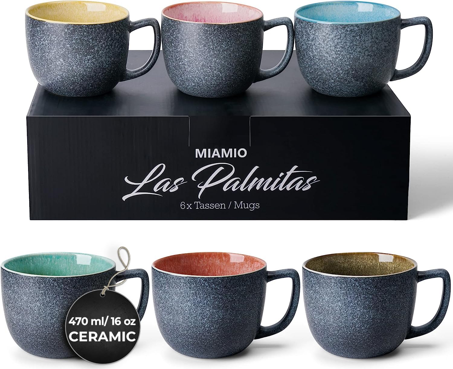 MIAMIO - 6 x 470 ml Coffee Cups/Mug Set/Coffee Cup Large/Modern Stoneware Coffee Mugs - Las Palmitas Collection