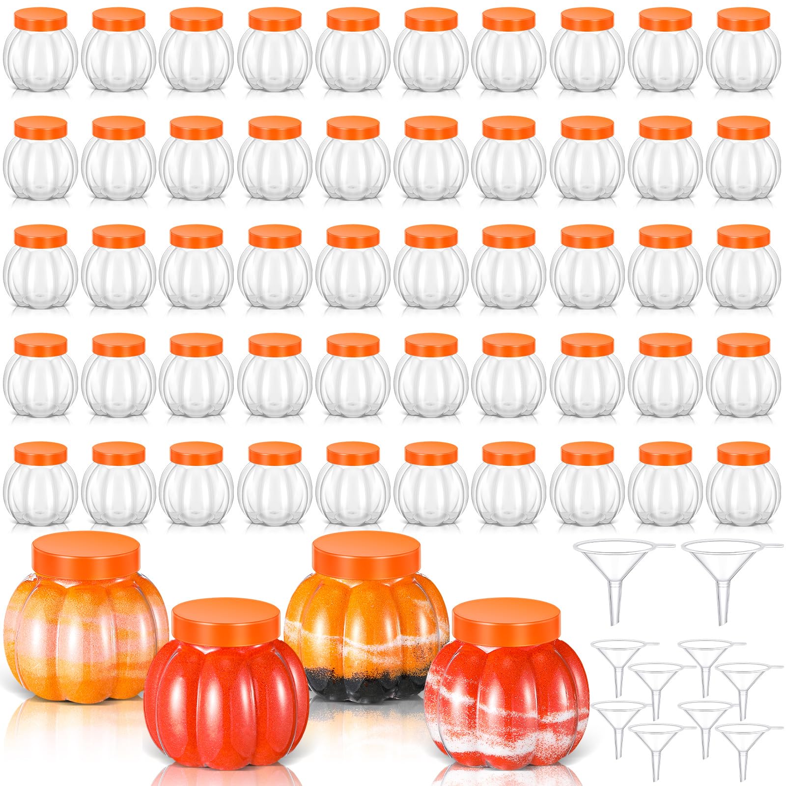 Photo 1 of Hsei 40 Pcs 2 oz/ 60ml Plastic Pumpkin Jar with Lids Mini Halloween Pumpkin Candy Jar Small Cookie Containers Clear Sand Art Bottles with 10 Funnels Potion Bottles for Gift Crafts Party Decoration