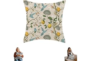 Blue Green Floral Bird Pillow Covers - 40x40cm Set of 2, Chinoiserie Vintage Decor, for Couch Sofa and Outdoor Decor, Farmhou