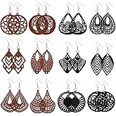JELIEE 12 Pairs African Wooden Dangle Earrings Round Wood Painted Earring Geometric Pendant Wooden Earrings Lightweight Drop Earrings for Women