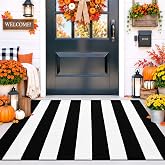 OLANLY Fall Door Mat, Black and White Striped Halloween Rug, 2'4
