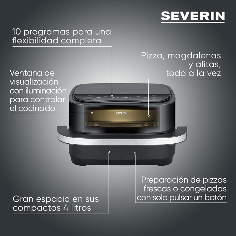S-Fry Pizza & More Air Friyer, 10 programas automáticos de pizza e mais, distribuição ótima de calor, formato extra largo, janela de visualização, 4 L, 2100 W, preto, prateado, FR 2464