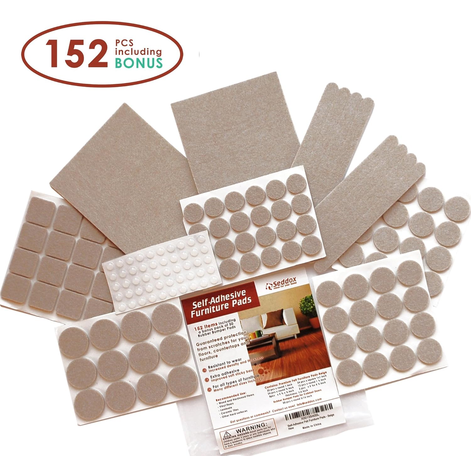 Seddox Premium Felt Furniture Pads Large Set 152 Pieces With