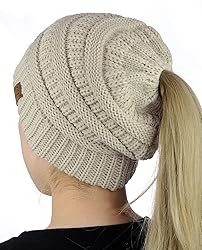 C.C BeanieTail Soft Stretch Cable Knit Messy High