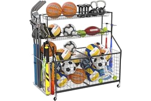 Gadroad Sports Equipment Organizer, Ball Rack, Gear & Ball Storage - Garage Organizer with Baskets, Hooks & Rolling Cart - Black
