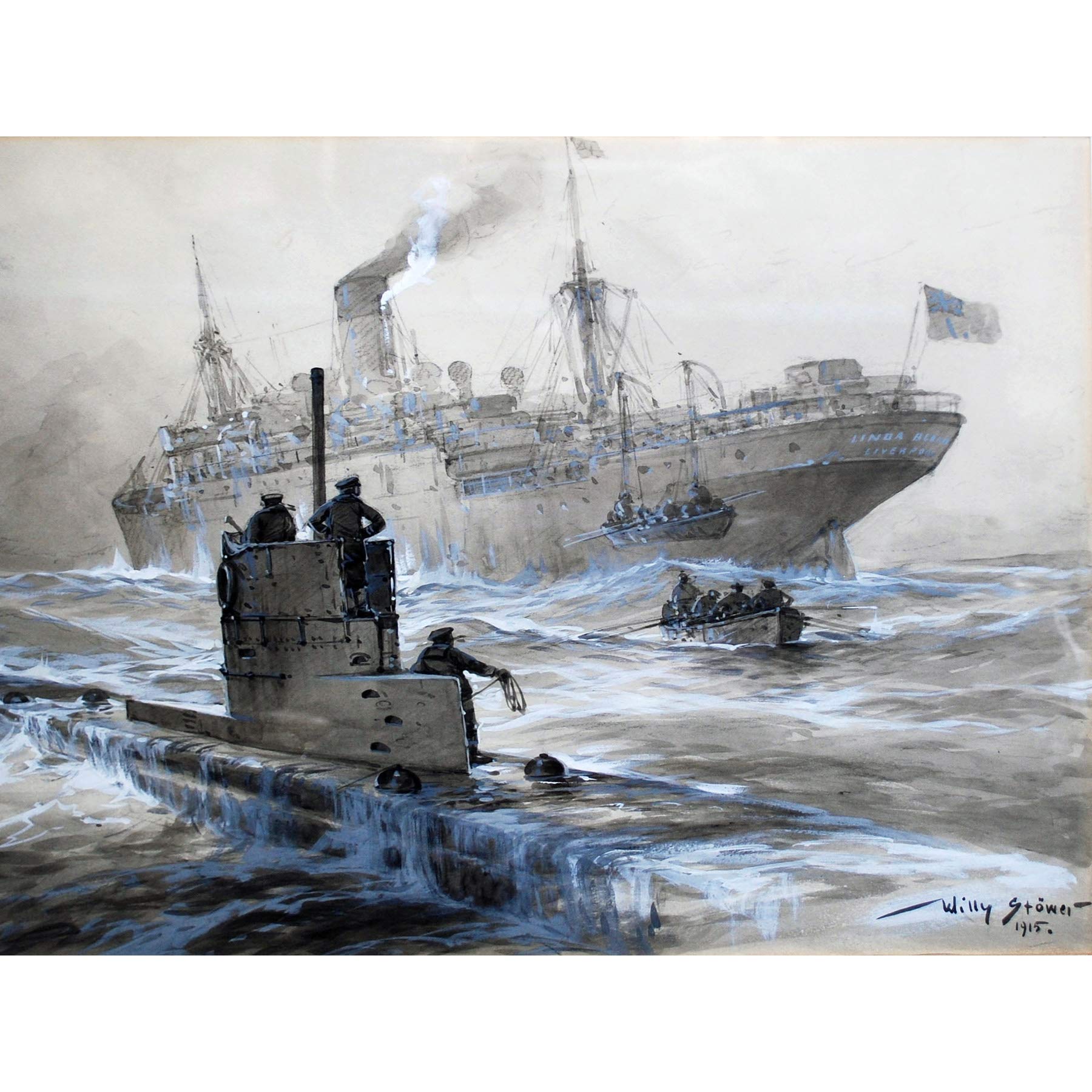 Stower War WWI Uboat Sinking Linda Blanche Liverpool 1915 Painting Premium Wall Art Canvas Print 18X24 Inch