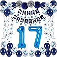NANINUNENO 17th Blue Birthday Party Decorations for Boy Girl Men Women, Happy 17 Birthday Balloons Supplies with Happy Birthday Banner,17 Number Balloons, Blue Star Streamers, Hanging Swirls