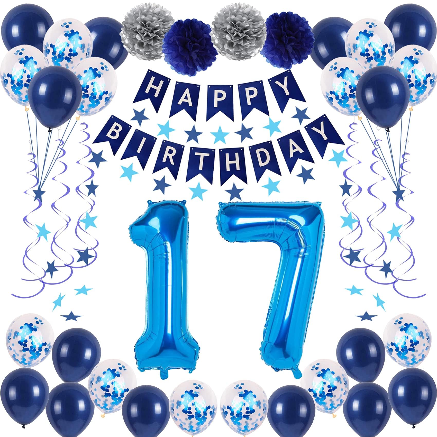 Photo 1 of NANINUNENO 17th Blue Birthday Party Decorations for Boy Girl Men Women, Happy 17 Birthday Balloons Supplies with Happy Birthday Banner,17 Number Balloons, Blue Star Streamers, Hanging Swirls