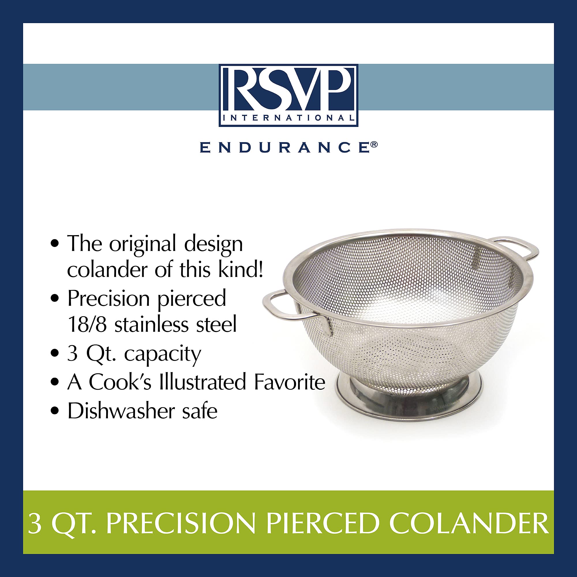 RSVP 3 QT Colander/Strainer Salad Vegetable Washer Pasta Drainer Stainless Steel