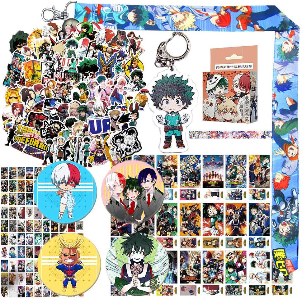 My Hero Academia Stickers Gift Set - 73 Pcs Anime Cartoon Laptop Stickers, 30 Postcards, 120 My Hero Academia Theme Sticker, 1 Keychain, 4 Button Pins, 1 Lanyard, 1 Cute Adhesive Tape for MHA Fans