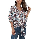 VIISHOW Womens Tie Front Chiffon Blouses V Neck Batwing Short Sleeve Summer Tops Shirts