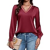 Blooming Jelly Womens Silk Business Dressy Casual Blouses Lace V Neck Long Sleeve Fall Tops Work Pleated Trendy Outfits