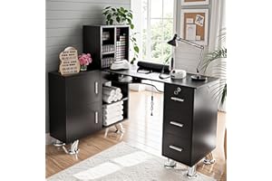KIKIHOUSE Manicure Table Nail Station w/Dust Collector - L-Shaped Nail Tech Table with Shelves, Storage Cabinets, Drawers, Metal Handles & Legs, Salon Wrist Rest, Beauty Salon Workstation Decor (Black)