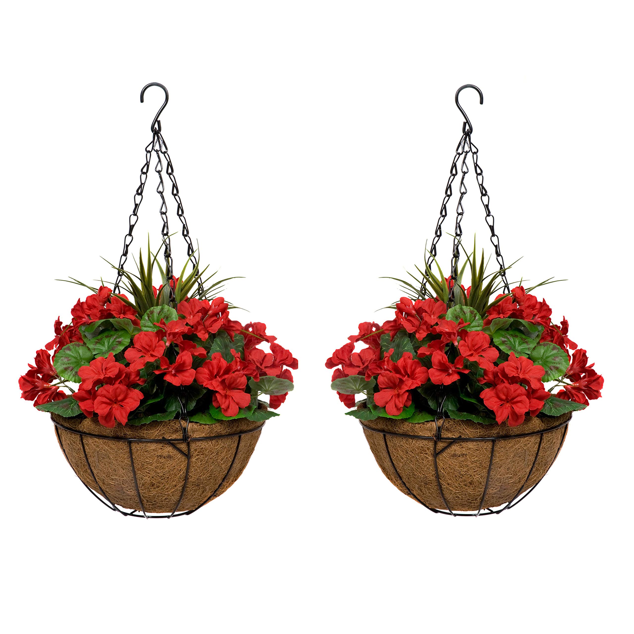GreenBrokers Coir 2X Artificial Round Hanging Baskets with Red Geraniums (Set of 2)