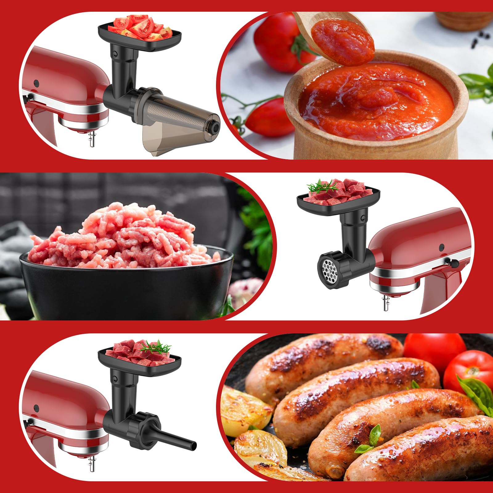 Meat Grinder for Kitchenaid Mixer, Fruit and Vegetable Attachment Strainer for Kitchenaid, Includes Meat Grinder, Strainer Attachment and Sausage Stuffer Tubes for Kitchenaid Mixer Attachments, Black
