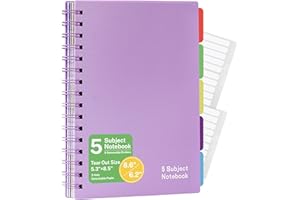 URSUNSHINE 5 Subject Notebook College Ruled - 240 Pages Spiral Notebooks College Ruled with Pocket Dividers Tabs, 6.3" x 8.4", A5 Note Book for School Office Supplies Note - Purple