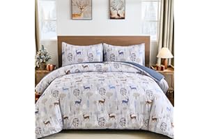 WONGS BEDDING Christmas Duvet Cover Queen, Christmas Trees and Deers Pattern Holiday Style Duvet Cover Set, 3 Pieces Christmas Bedding with 2 Pillowcases, Ideal Xmas Gift for Boys, Girls or Friend.