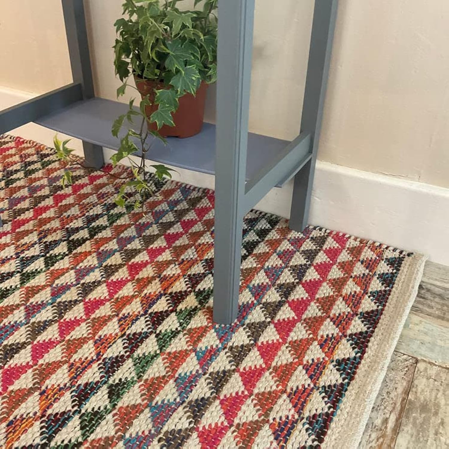 Second Nature Online Karal Small Multi Colour Natural Cotton Geometric Rug Cream Background with Abstract Triangle Stripe 60 cm x 90 cm