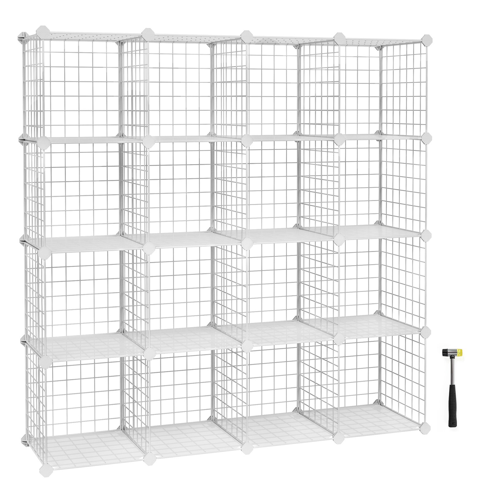 SONGMICS 16 Cube Metal Wire Storage Organiser, DIY Closet Cabinet and Modular Shelving Grids, Wire Mesh Shelves and Rack, White LPI44W