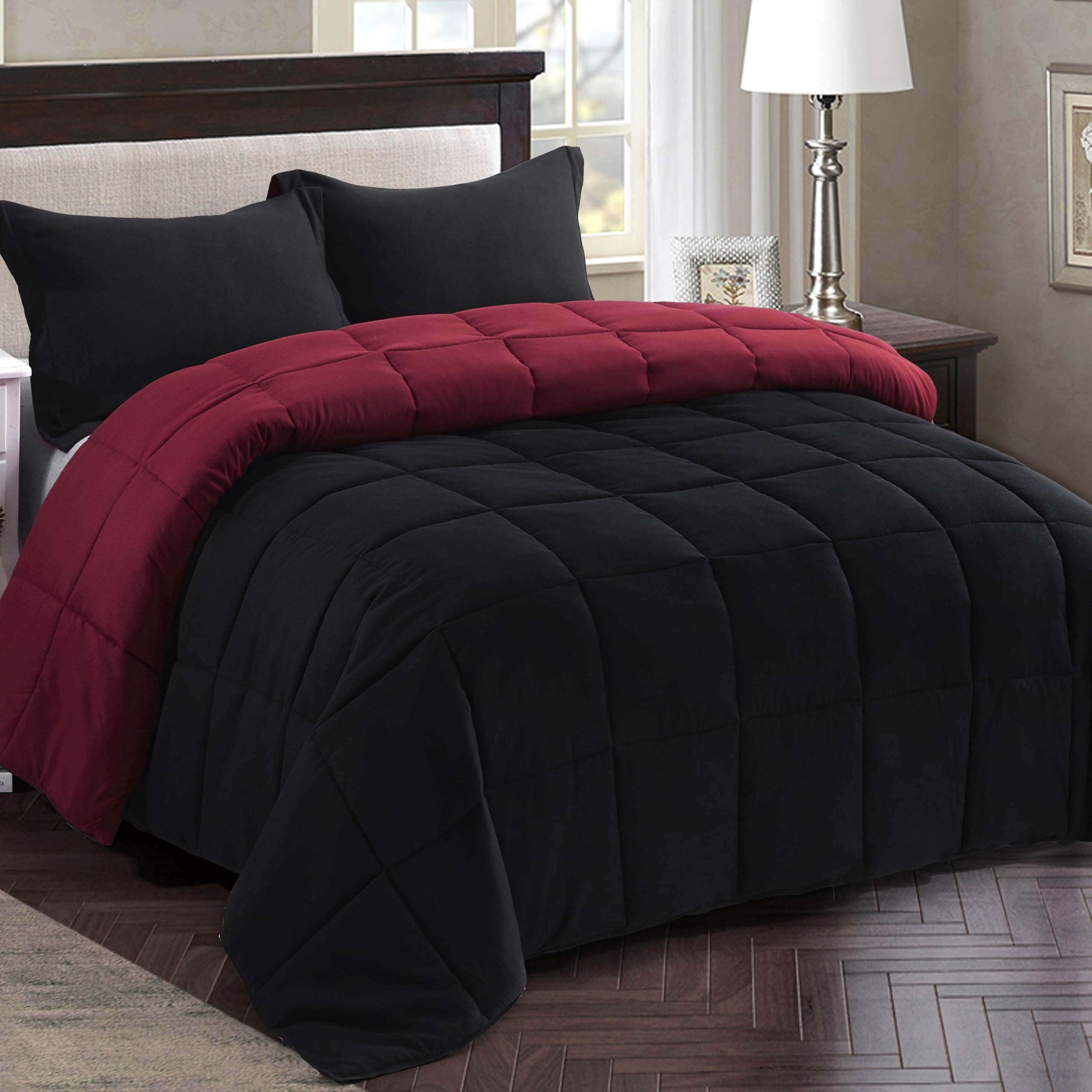 HIG 2 Pieces Black Reversible Coverless Duvet Single - 135 x 200cm - OEKO-TEX Certified - 10.5 Tog Duvet with Corner Tabs - Down Alternative Comforter with 1 Sham - Machine Washable