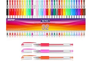 NIUTOP Gel Pens for Adult Coloring Books, 32 Colors Gel Marker Set Colored Pen with 40% More Ink for Kids Drawing, Doodling, Bullet Journaling, Crafts Scrapbooks and Taking Note