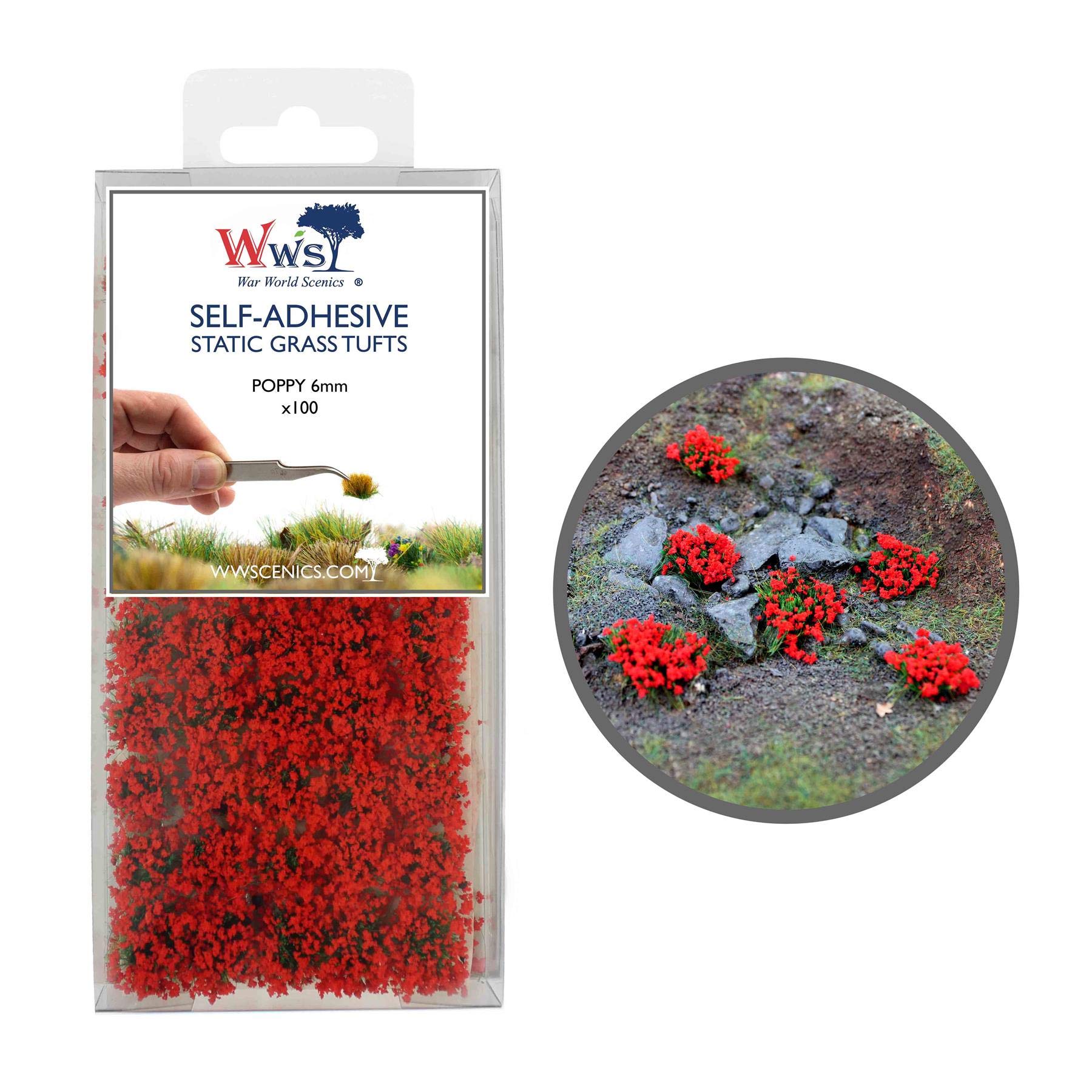 War World Scenics Self Adhesive Static Grass Tufts x 100 – Poppy, 6mm – Model Railway Wargame Scenery Railroad Modelling Diorama Miniature Hobby Tabletop