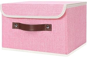 ANMINY Storage Bin with Lid Storage Boxes with PU Leather Handles PP Plastic Board Decorative Foldable Lidded Cotton Linen Fabric Home Cubes Baskets Closet Organizer Container - Pink, Small Size