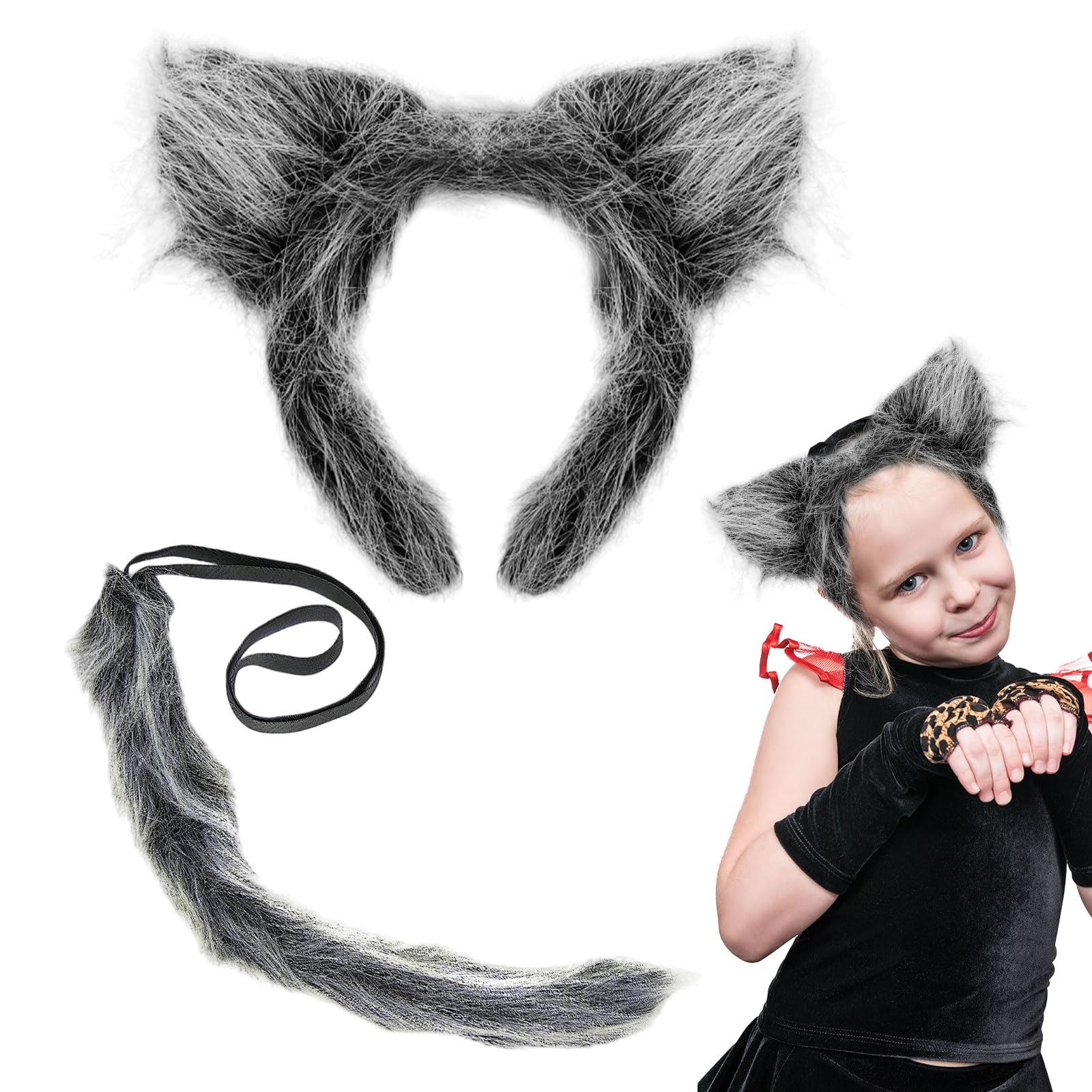 UILYNIU 2Pcs Grey Wolf Costume Accessory Set - Wolf Ears Headband & Tail for Kids & Adults - Fancy Dress Accessories for Halloween & Cosplay