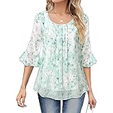 VALOLIA Womens 3/4 Sleeve Blouses Tops Dressy Casual Chiffon Pleated Embroidery Layered Shirts