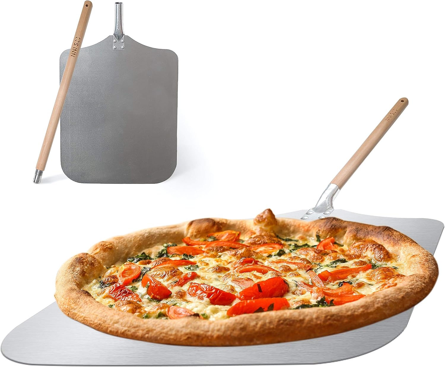 Aluminum Pizza Peel 12x14 with 18 inch wooden detachable handle for easy storage large and lightweight Paddle for home made pizza the Shovel can be used for baking bread pizza and cookies By Q’s Inn.